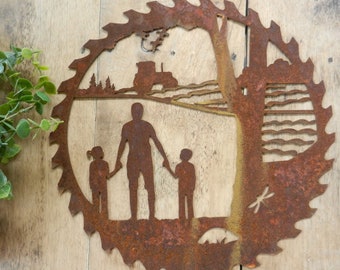 Father, Son and Daughter Garden Gift / Farmer Dad Tractor Gift / Rusty Metal Farm Sign / Fathers Day Farming gift from children / Farm Art