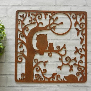 Owl in Tree Garden Wall Decor / Rusty Metal Owl Wall Art / Owl Garden Decoration an unusual Owl Gift with hedgehog / Rustic Wall Decor