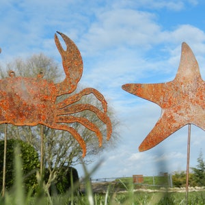 May include: Two rusty metal garden stakes, one shaped like a crab and the other like a starfish. The crab is orange-brown and the starfish is a lighter brown. Both are standing in a grassy field.