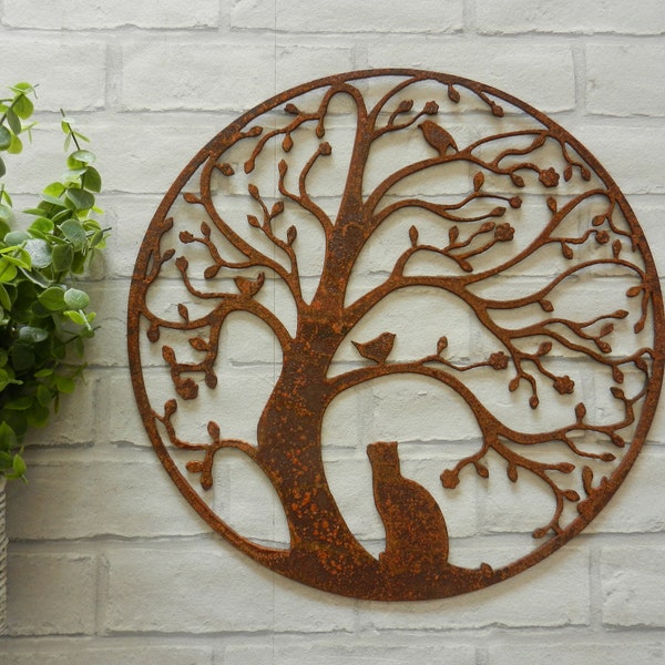 Cat and Bird in Tree Wall Hanging Art / Rusty Metal Tree of Life Wall Art / Cat Garden Wall decor with rusty metal birds