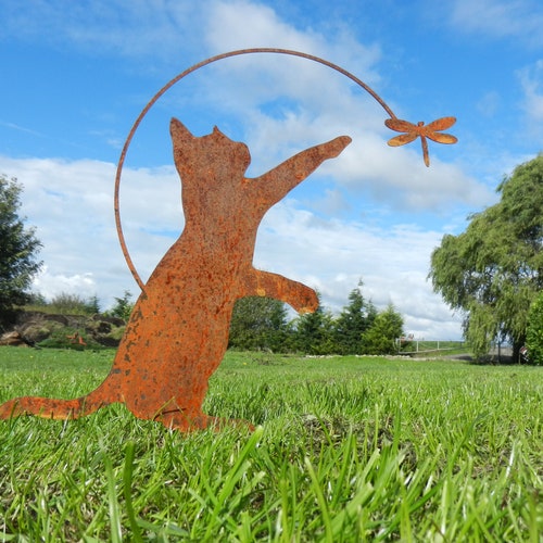 Rusty Metal Cat With Dragonfly Garden Decor / Cat Garden Gift Etsy UK