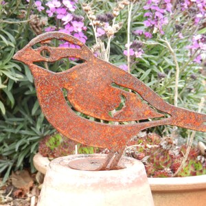 May include: A rusty metal bird silhouette garden art piece. The bird is perched on a terracotta pot, with a background of green foliage and purple flowers. The bird has cut-out details in its wings and body.