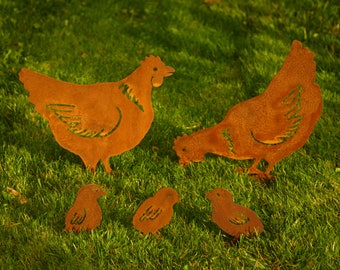 Pollo de metal oxidado y pollitos de Pascua / Regalo de Pascua / Decoración de jardín con pollo de Pascua / Regalo de pollo / Pollo de metal / Adorno de jardín de metal