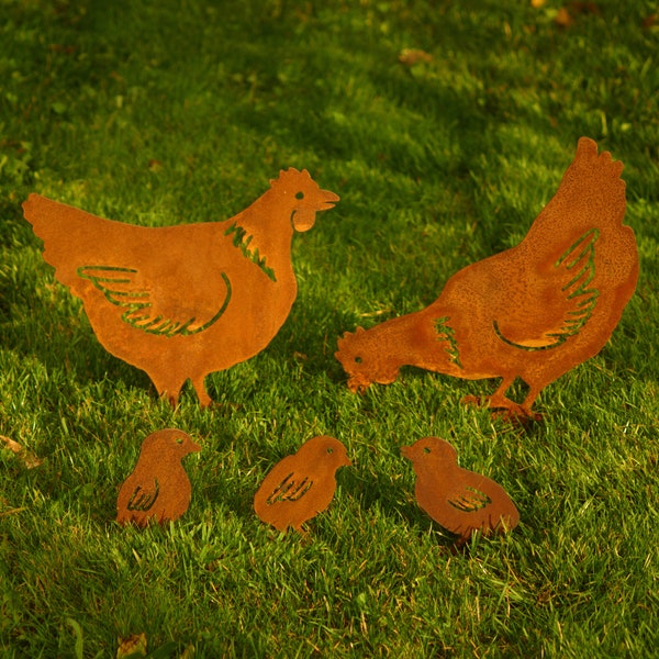 Pollo de metal oxidado y pollitos de Pascua / Regalo de Pascua / Decoración de jardín con pollo de Pascua / Regalo de pollo / Pollo de metal / Adorno de jardín de metal
