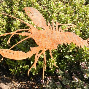 May include: A rusty metal lobster sculpture with a detailed design. The sculpture is standing upright in a garden setting.