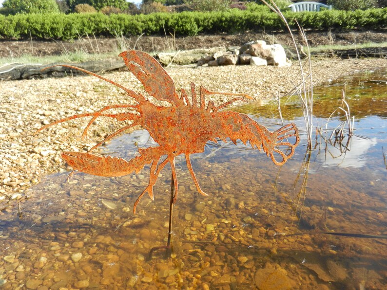 May include: A rusty metal lobster sculpture placed in a shallow pond with a gravel bottom. The sculpture is a silhouette of a lobster with its claws raised.