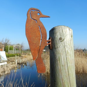 May include: A rusty metal bird silhouette sculpture perched on a weathered wooden post. The bird is a cutout design with a long beak and a detailed outline. The background features a pond, reeds, and a clear blue sky.