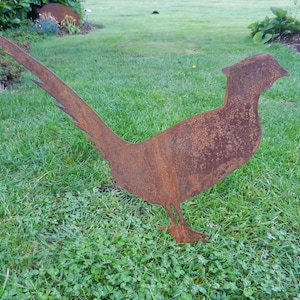 May include: A rusty metal silhouette of a pheasant, standing on a grassy lawn.