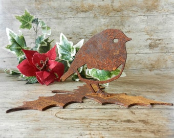 Robin Table Decoration / Rustic Robin Home Decor / Christmas Robin / Rusty Bird and Leaf Garden Sculpture / Gardener Gift