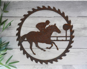 Horse Racing Gift /  Horse Wall Decor / Horse Riding Gift / Flat Racing / Rusty Metal Garden Art / Garden Wall Decor / Horse and Jockey Art