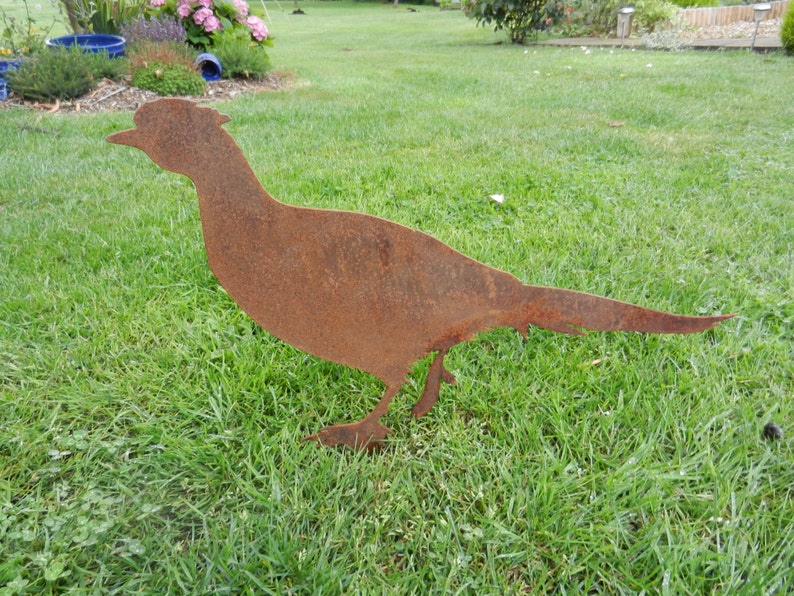 May include: A rusty metal silhouette of a bird, standing on a grassy lawn.