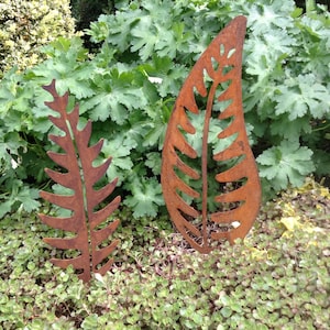 May include: Two rusty metal fern leaf sculptures in a garden setting. The leaves are cut out and have a rustic, weathered look.