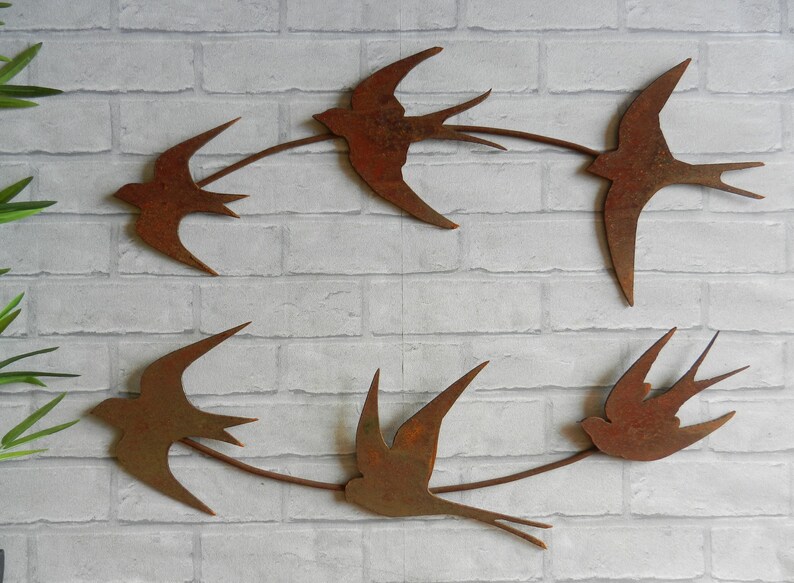 Swallow Wall Art / Rusty Metal Swallows Sculpture / Flock of Birds Wall Decor / Rusty Metal Bird Garden Decor / garden gift / Swift Wall Art image 4