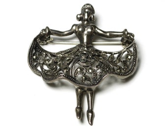 Art Deco Marcasite Brooch - Art Deco Jewelry - Sterling Silver Ballerina Dancer Brooch - Vintage Paste Brooch Pin - Gift For her