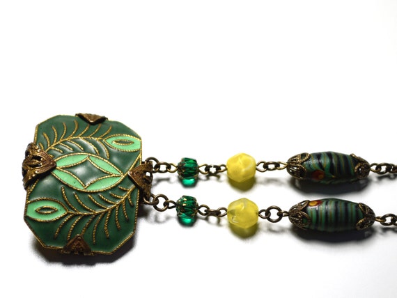 Antique Art Deco Czech Green Glass Bead and Ename… - image 4