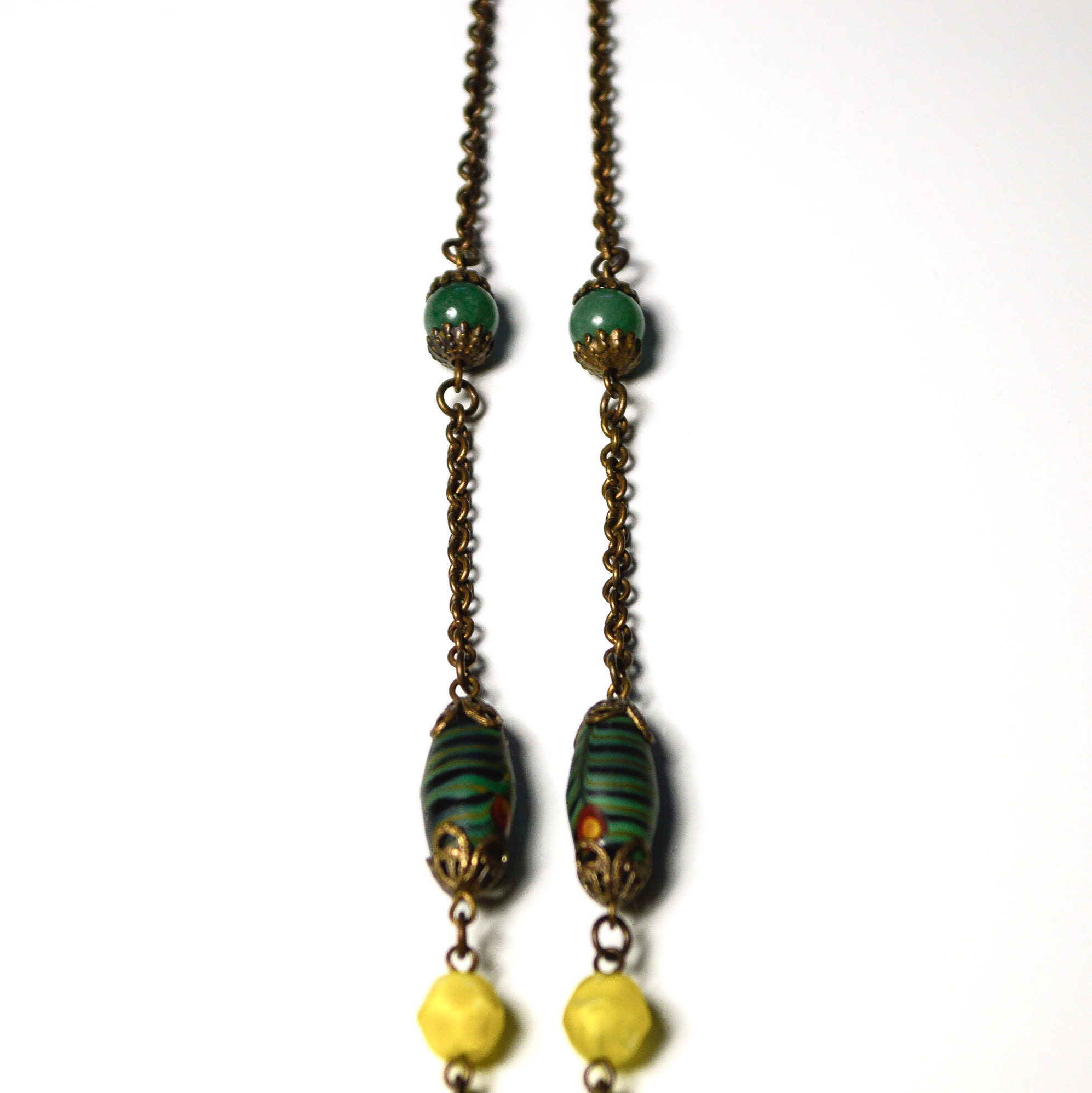 Antique Art Deco Czech Green Glass Bead and Enamelled Brass Necklace C ...