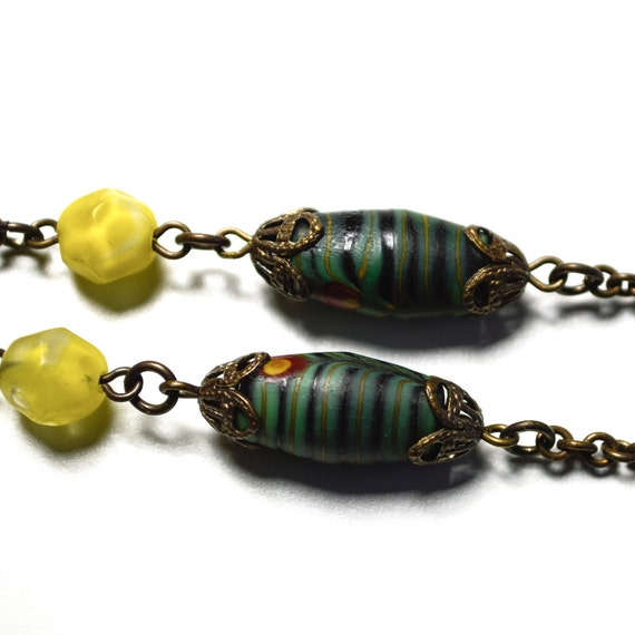Antique Art Deco Czech Green Glass Bead and Ename… - image 9