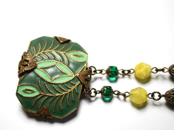 Antique Art Deco Czech Green Glass Bead and Ename… - image 3