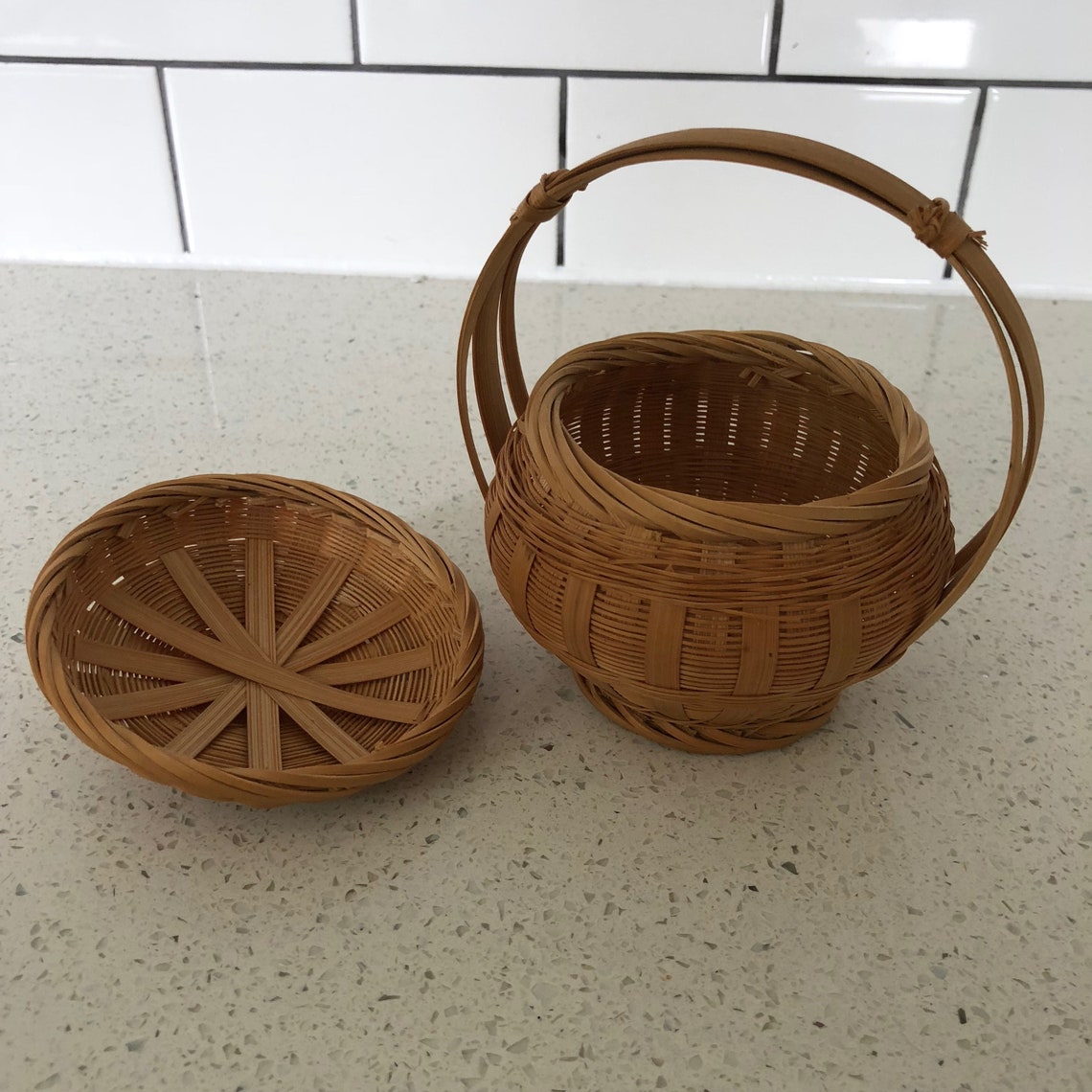 Small Wicker Basket with Handle and Lid Etsy