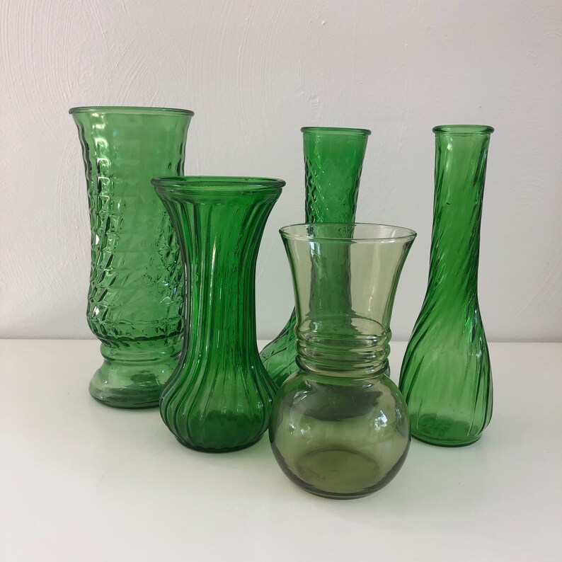 Set of 5 Vintage Emerald Green Vases Etsy