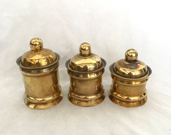 Brass Canister Set, Set of Three, Vintage Brass Containers, Kitchen Decor, Made in India, Brass Home Decor, Bohemian Home, Housewarming Gift