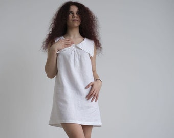 Linen Dress, Summer Dress, Cocktail Dress, Mini Dress, Beach Dress, Minimalist Dress, Sleeveless Dress With Collar, Linen Babydoll Dress