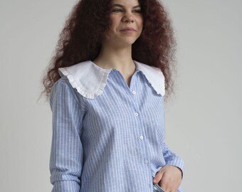 Linnen shirt, shirt met lange mouwen, damesshirt, linnen blouse, linnen top, linnen kraag shirt, linnen tops voor dames