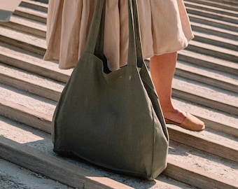 Linen Bag, Shopping Bag, Grocery Bag with Pocket, Reusable Linen Tote Bag, Large Beach Bag, Summer Bag, Ecofriendly Gift