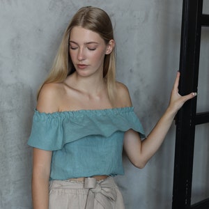 Ready To Ship/ Linen Ruffle Top, Off The Shoulder Linen Blouse, Sleeveless Linen Top, Linen Crop Top, Elastic Waist Linen Top