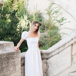 White Dress, Elopement Dress, Wedding Guest Dress, Linen Midi Dress, Linen Dress For Women, Milkmaid Dress, Cocktail Dress BARCELONA
