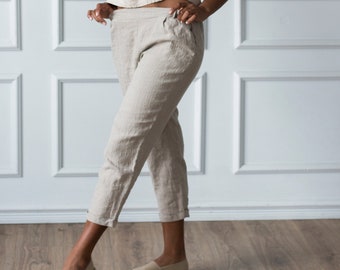 Linen Pants, Tapered Linen Pants, Pants Elastic Waist, Womens Pants with Pockets AUCKLAND, Linen Pants for Women