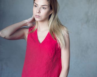 Leinen-Tanktop, Leinenbluse, Leinenhemd mit V-Ausschnitt, ärmelloses Leinenoberteil, Leinenoberteil mit Schrägschnitt VALETTA, Leinenoberteile für Frauen