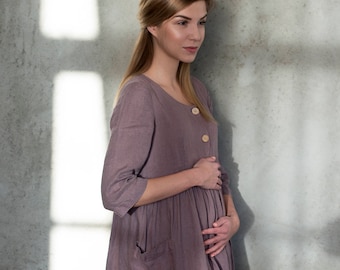 Linen Dress, Maternity Dress, Linen Dress With Pockets and Buttons VOLTERRA, Linen Womens Clothing