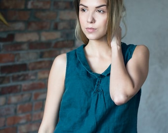 Linen Blouse, Linen Shirt, Linen Top, Sleeveless Linen Top with Collar VIENNA, Linen Tank Top, Linen Tops for Women