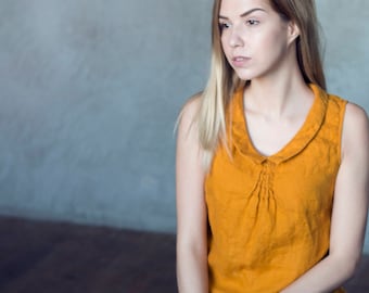 Camicetta di lino, Camicia di lino, Canotta di lino, Top di lino senza maniche con colletto VIENNA, Top di lino da donna