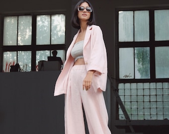 Linen Suit, Womens Suit, Linen Blazer And Linen Palazzo Pants, Womens Suit Set, Linen Two Piece Set, Spring Clothing