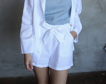 Linen Shorts, High Waisted Shorts, Shorts with Pockets PORTO, Summer Clothing