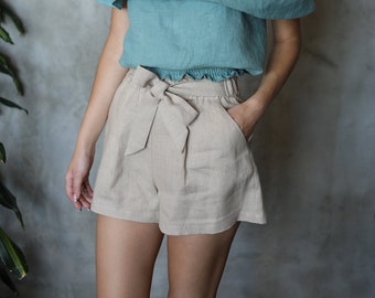 Linen Shorts, High Waisted Shorts, Shorts with Pockets PORTO, Summer Clothing