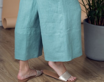 Linen Pants, Linen Culottes, Wide Leg Pants, Flowy Pants, Womens Pants with Pockets CASABLANCA, Linen Pants Plus Size