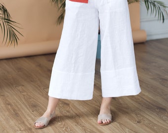 Linen Pants, Linen Culottes, Wide Leg Pants, Flowy Pants, Womens Pants with Pockets CASABLANCA, Linen Pants Plus Size