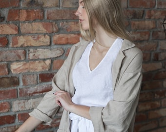 Linnen jas, lange linnen stofdoek, linnen blazer met mouwen en zakken, veelzijdig en stijlvol linnen jasje dames ZURICH