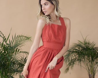 Vestido de lino, vestido pinafore, vestido de verano de lino, vestido de invitada de boda, vestido de espalda abierta, vestido de mujer con bolsillos, vestido de cóctel ADELAIDE