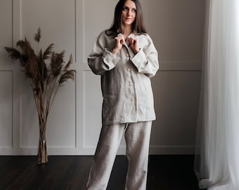 Leinen Pyjamas, Leinen Pyjama Set, Lounge Set, Leinenhemd und Leinen Pyjamahose, Damen Pyjamas, Geschenk für Frauen