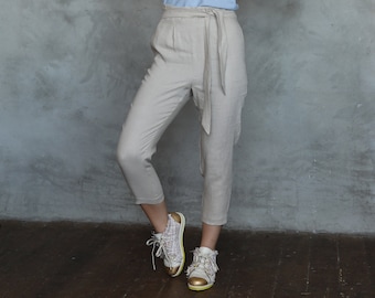 Linen Pants, Womens Pants, Linen Pants with Pockets, High Waist Pants, Slim Linen Pants, Linen Belted Pants PORTO