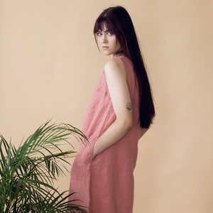 Vestido de lino, Vestido veraniego de lino, Vestido midi, Vestido de lino con bolsillos laterales, Vestido holgado de lino, Vestido de lino sin mangas