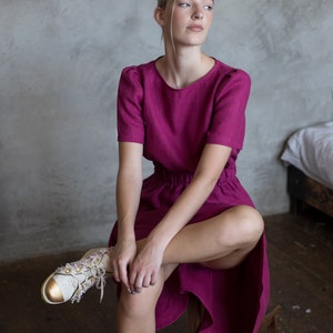 Romantisches Kleid, Midikleid, Leinen Sommerkleid, Hochzeitsgast Kleid, Leinenkleid, Flatterärmelkleid mit Taschen FLORENCE