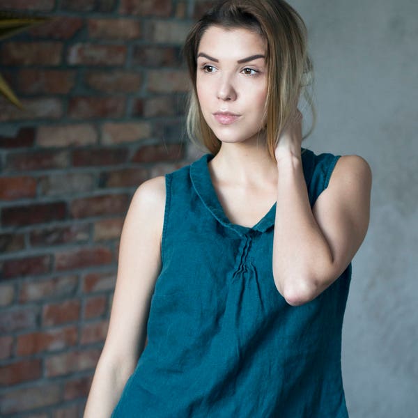 Linen Blouse, Linen Shirt, Linen Top, Sleeveless Linen Top with Collar VIENNA, Linen Tank Top, Linen Tops for Women