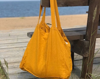 Linen Bag, Shopping Bag, Grocery Bag with Pocket, Reusable Linen Tote Bag, Large Beach Bag, Summer Bag, Ecofriendly Gift