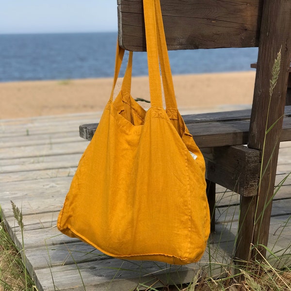 Sac en lin, Sac à provisions, Sac de courses avec poche, Sac fourre-tout en lin réutilisable, Grand sac de plage, Sac d'été, Cadeau respectueux de l'environnement