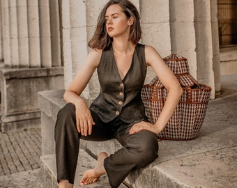 Traje de lino, chaleco de lino y pantalones de lino, traje de invitada de boda, conjunto de traje de mujer, ropa de mujer de lino